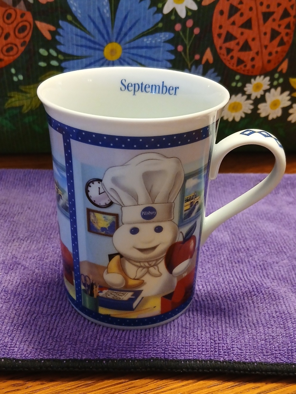 Danbury Mint Blue and White Pillsbury Doughboy Mug " Back To School"